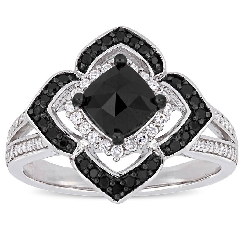Miadora Signature Collection Sterling Silver 1 2/5ct TDW Black and White Diamond Floral Halo Split Shank Ring