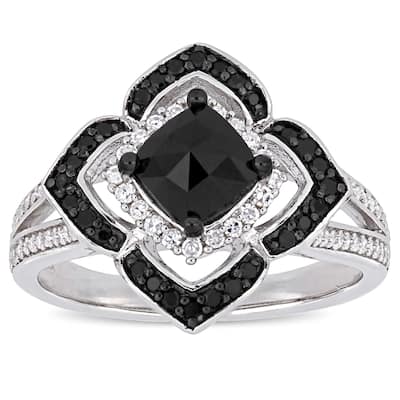 Miadora Signature Collection Sterling Silver 1 2/5ct TDW Black and White Diamond Floral Halo Split Shank Ring