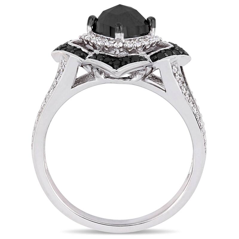 Miadora Signature Collection Sterling Silver 1 2/5ct TDW Black and White Diamond Floral Halo Split Shank Ring