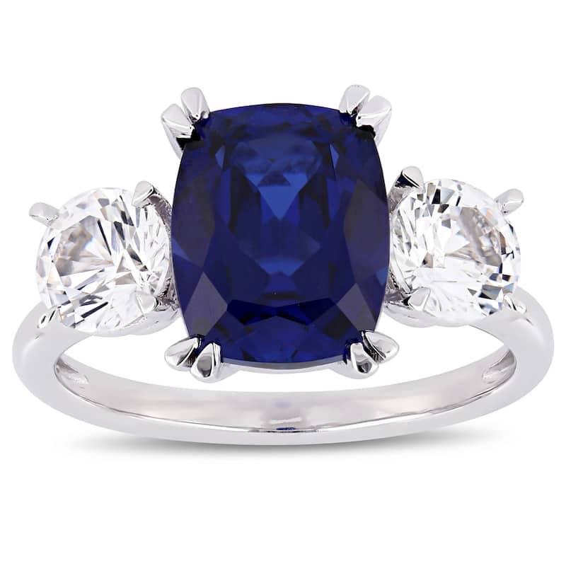 Miadora 10k White Gold Created Blue and Created White Sapphire 3-Stone Engagement Ring