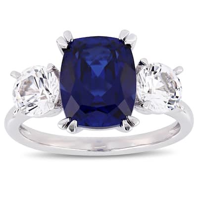 Miadora 10k White Gold Created Blue and Created White Sapphire 3-Stone Engagement Ring