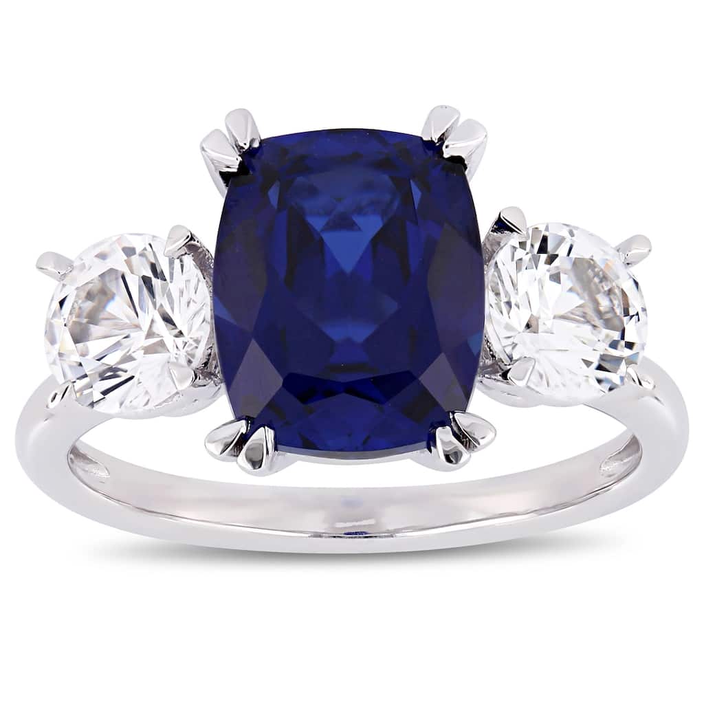 Miadora 10k White Gold Created Blue and Created White Sapphire 3-Stone Engagement Ring