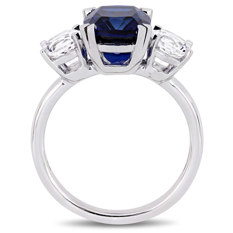 Miadora 10k White Gold Created Blue and Created White Sapphire 3-Stone Engagement Ring