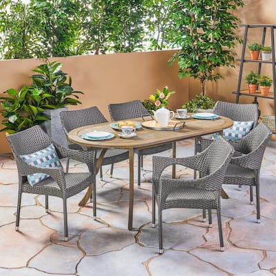 Silas Outdoor 7 Piece Wood and Wicker Dining Set by Christopher Knight Home