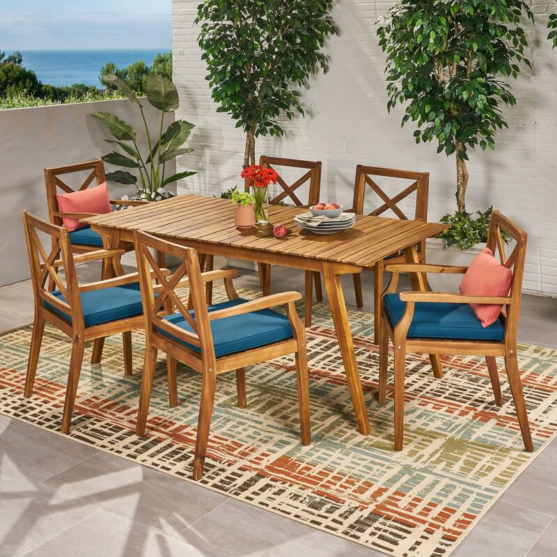 Mesa Outdoor 7-Piece Acacia Wood Dining Set by Christopher Knight Home - Blue