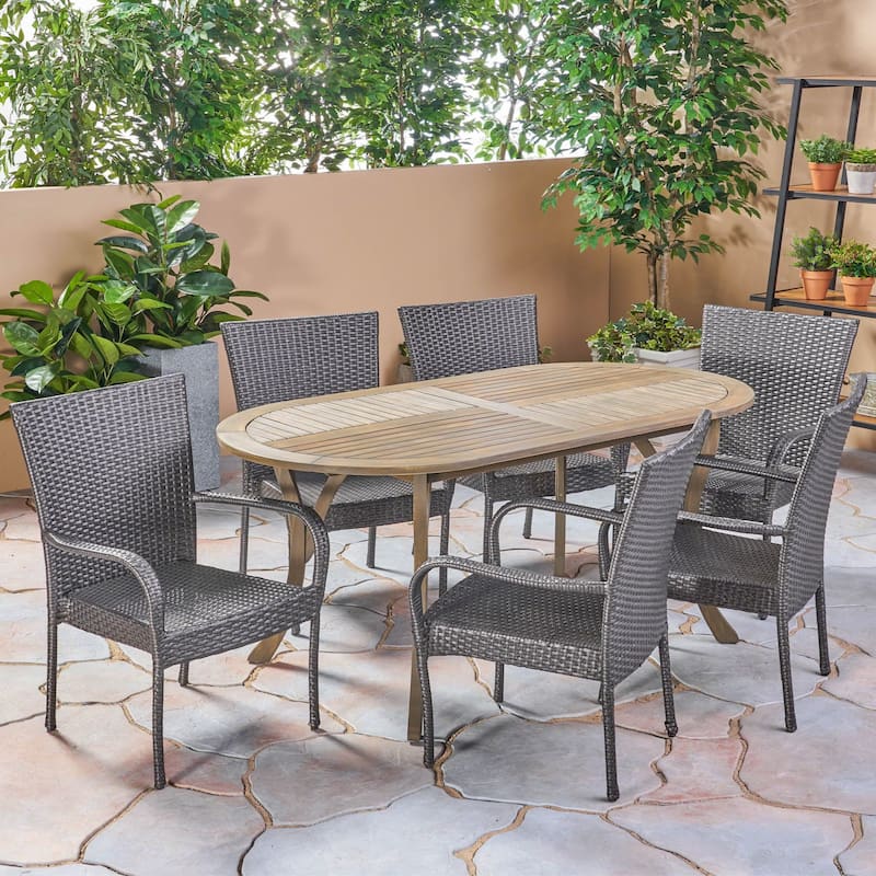 Jasper Outdoor 7 Piece Wood and Wicker Dining Set by Christopher Knight Home