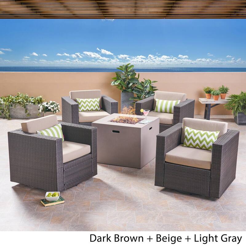 Hudson Outdoor 4 Piece Swivel Club Chair Set with Square Fire Pit by Christopher Knight Home