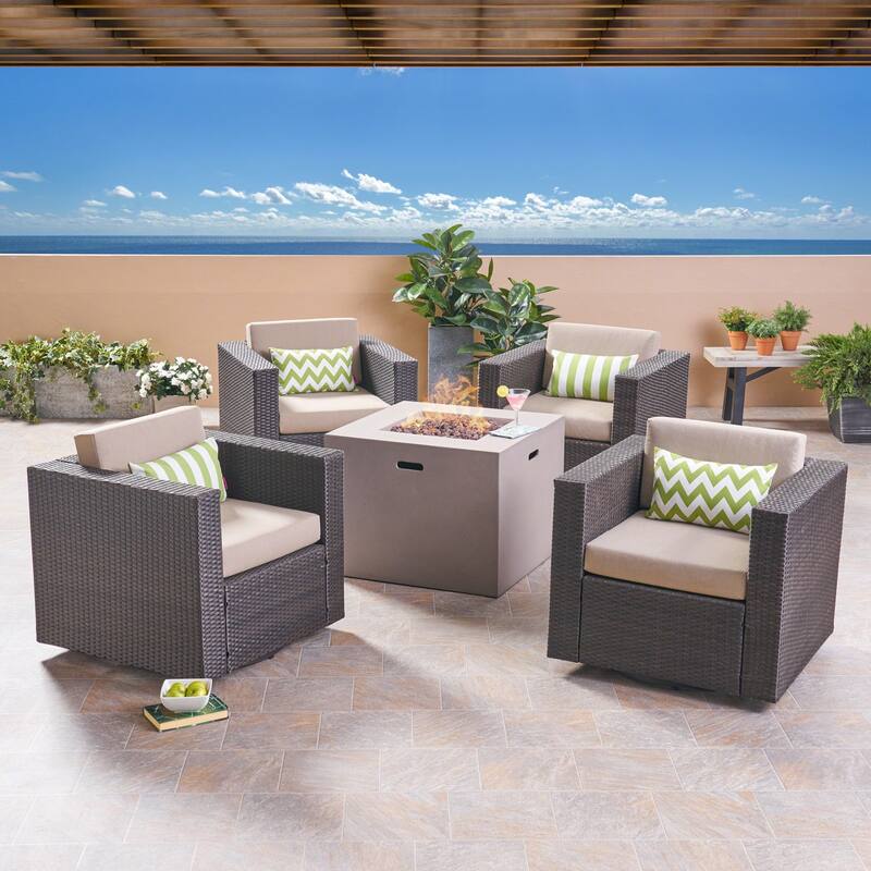 Hudson Outdoor 4 Piece Swivel Club Chair Set with Square Fire Pit by Christopher Knight Home