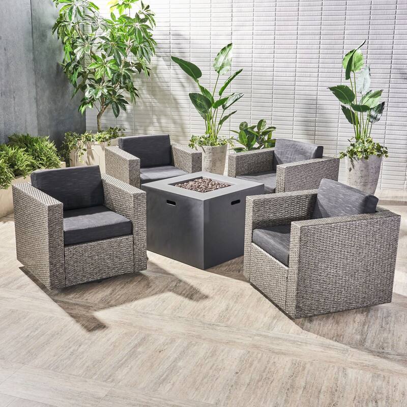 Hudson Outdoor 4 Piece Swivel Club Chair Set with Square Fire Pit by Christopher Knight Home - Dark Gray