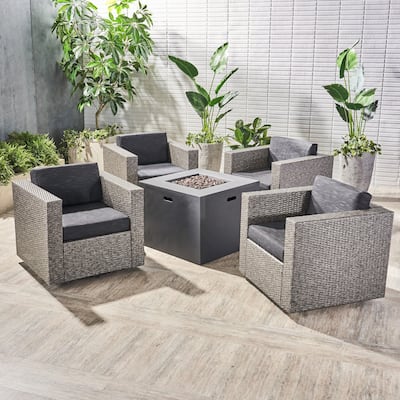 Hudson Outdoor 4 Piece Swivel Club Chair Set with Square Fire Pit by Christopher Knight Home