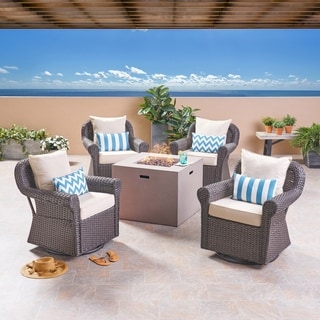 Julian Outdoor 4 Piece Swivel Club Chair Set with Square Fire Pit by Christopher Knight Home