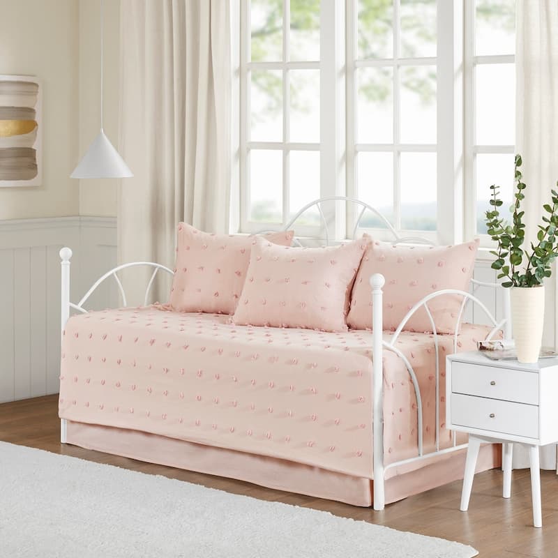 Intelligent Design Maize Cotton Jacquard 5pcs w/Chenille Dots Daybed Set - White/Pink