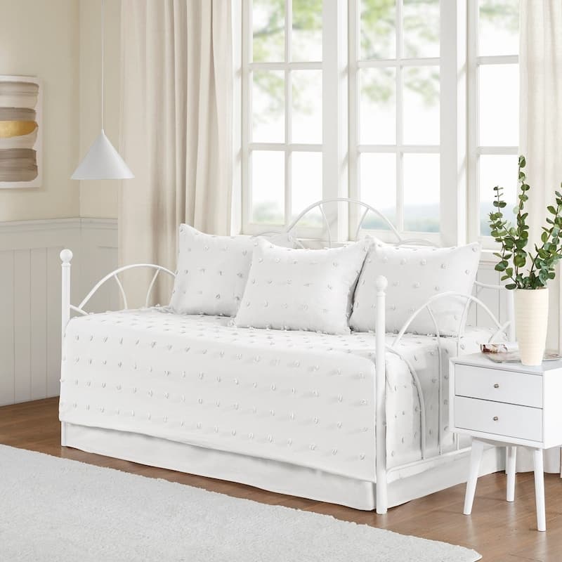 Intelligent Design Maize Cotton Jacquard 5pcs w/Chenille Dots Daybed Set - White/Off-White