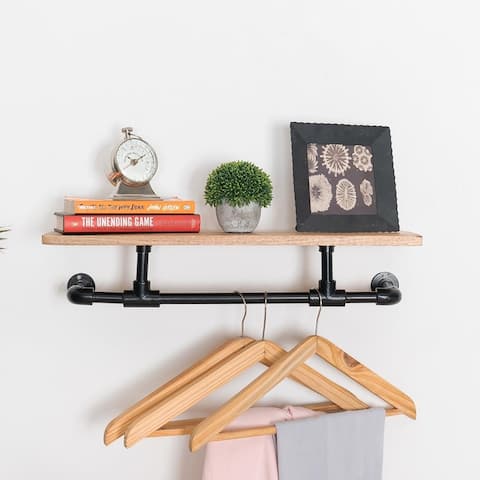 Vittle Floating Industrial Black Pipe and Solid Wood Wall Shelf - 24" x 8" x 6"