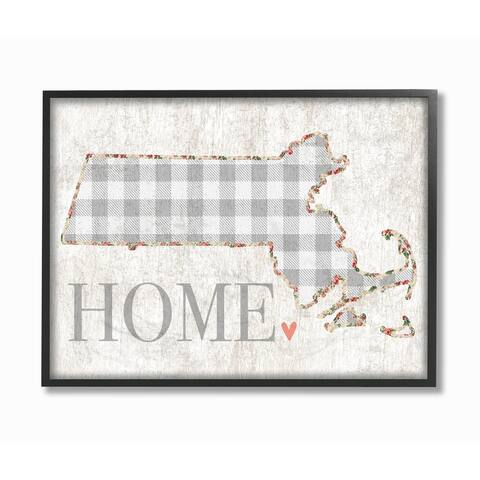 The Stupell Home Decor Collection Massachusetts Grey Gingham/Floral Heart and Home, Framed Giclee, 16 x 1.5 x 20, Made in USA