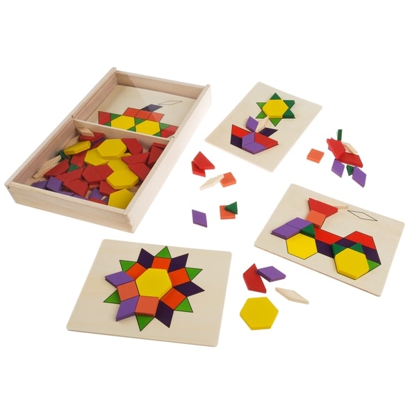 Kids Tangrams Toy-125 Wooden Block Geometric Shapes, 5 Two-Sided Boards STEM Hey! Play!