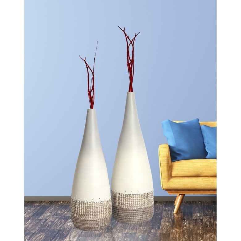 Tall Handwoven Bamboo & Seagrass Floor Vase: Eco-Friendly Home Décor Accent - Organic Coastal Boho Chic Decoration