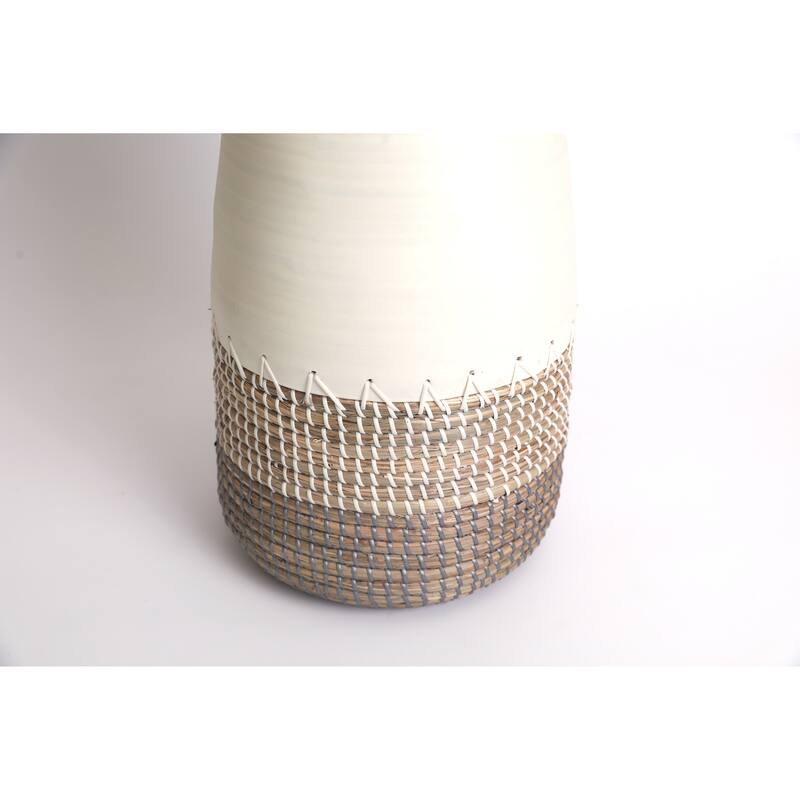 Tall Handwoven Bamboo & Seagrass Floor Vase: Eco-Friendly Home Décor Accent - Organic Coastal Boho Chic Decoration