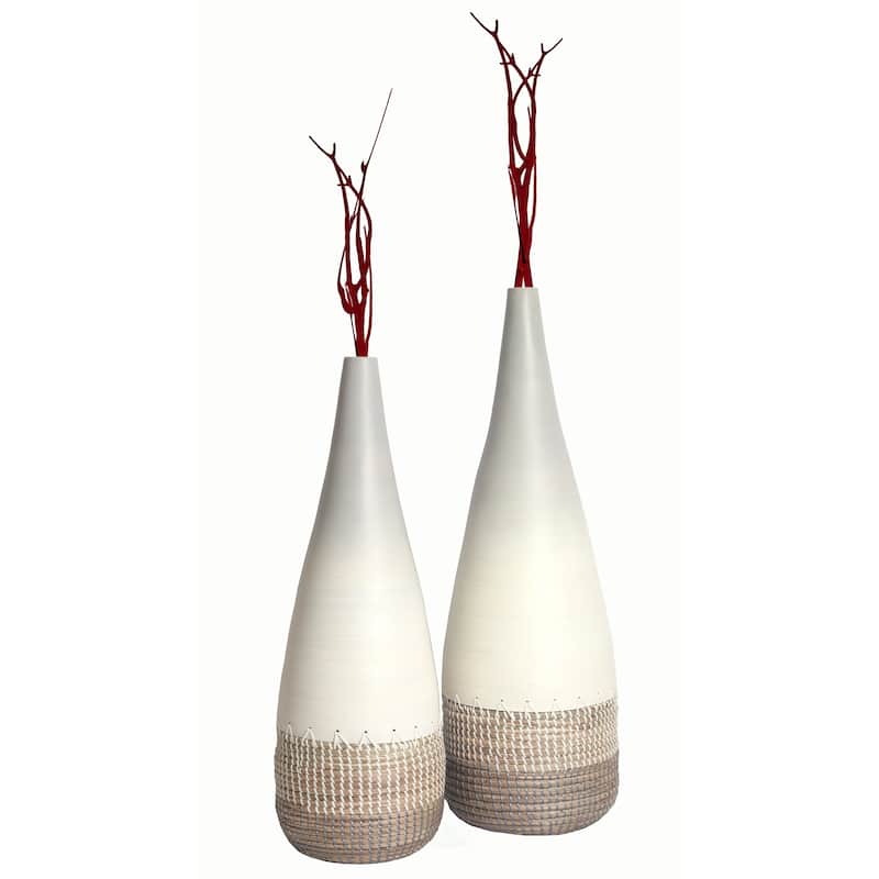 Tall Handwoven Bamboo & Seagrass Floor Vase: Eco-Friendly Home Décor Accent - Organic Coastal Boho Chic Decoration - Set of 2