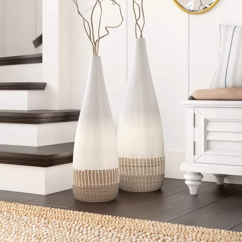 Tall Handwoven Bamboo & Seagrass Floor Vase: Eco-Friendly Home Décor Accent - Organic Coastal Boho Chic Decoration