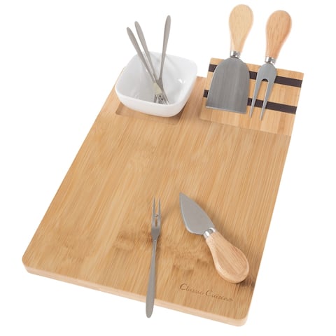 9 Piece Bamboo Cheese Serving Tray Set with Stainless Steel Cutlery and Dish Classic Cuisine