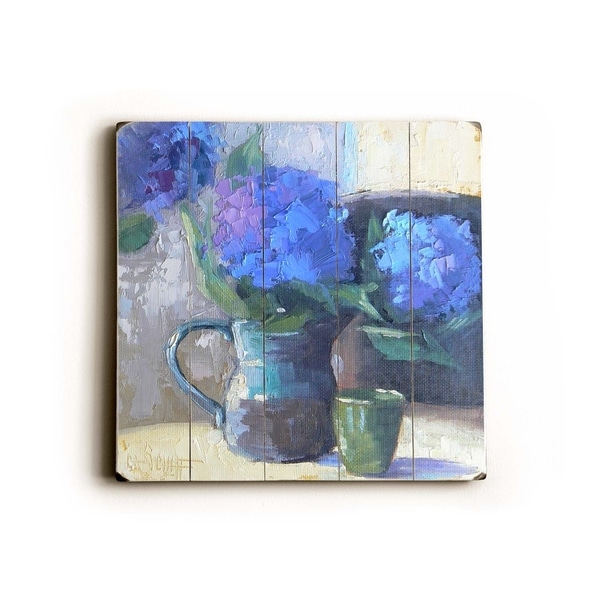 Blue Flower Spout - Planked Wood Wall Decor by Carol Schiff