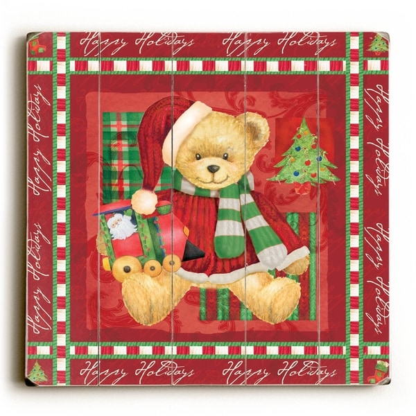 Christmas Bear - Red - Planked Wood Wall Decor by ArtLicensing