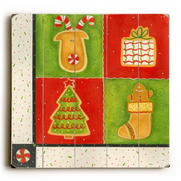 Reindeer Presents Tree and Stocking - Planked Wood Wall Decor by ArtLicensing