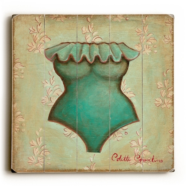 Turquoise Bathing Suit - Planked Wood Wall Decor by Colette Cosentino