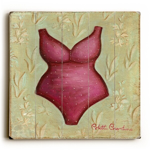 Red Bathing Suit - Planked Wood Wall Decor by Colette Cosentino