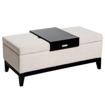 HomCom 42" Rectangular Linen Fabric Storage Ottoman Bench with Tray - Cream White