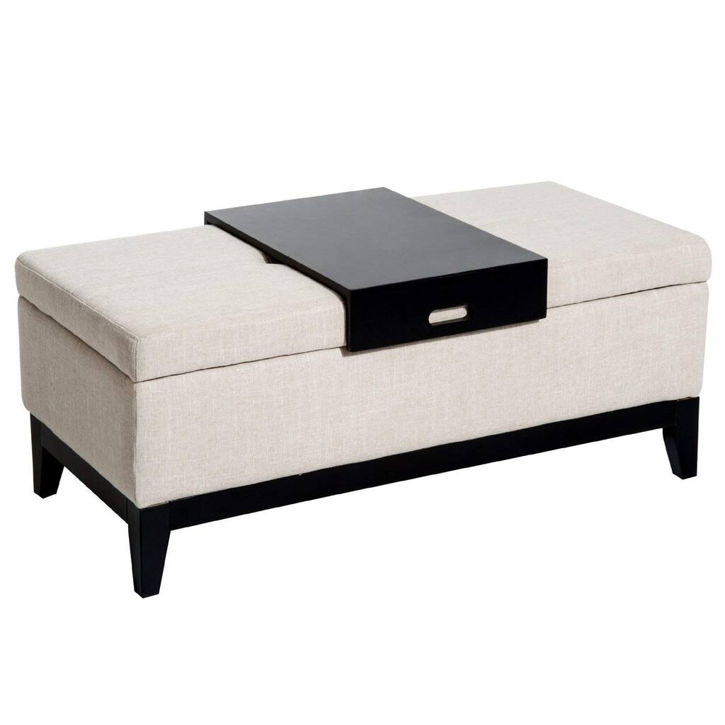 HomCom 42" Rectangular Linen Fabric Storage Ottoman Bench with Tray - Cream White