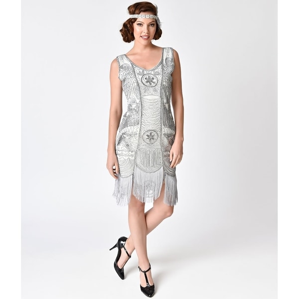 silver beaded fringe dress
