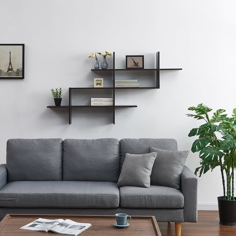 3-Tier Wall Mount Floating Ladder Shelf with Criss Cross Design- WalnUt