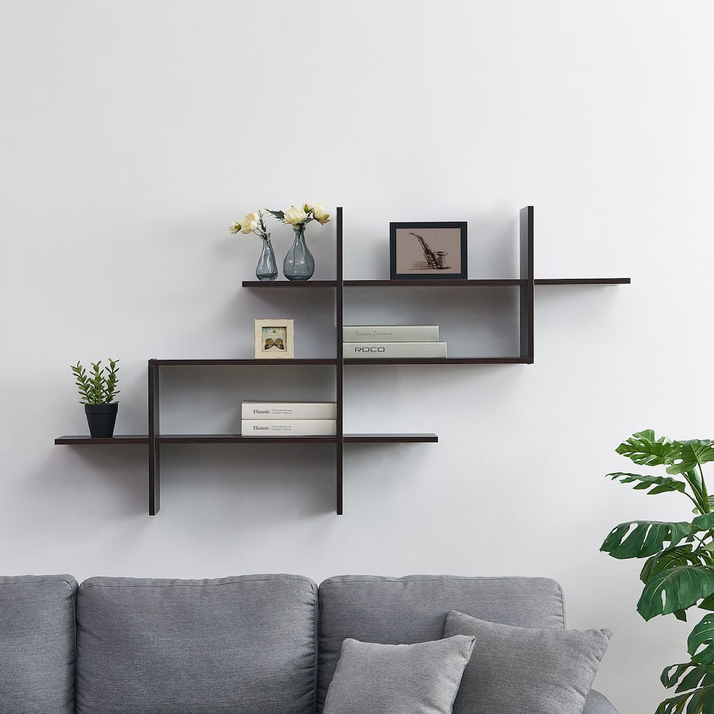 3-Tier Wall Mount Floating Ladder Shelf with Criss Cross Design- WalnUt