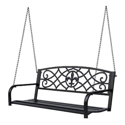 Outsunny Metal Porch Swing Chair Outdoor Seat Bench Fleur-De-Lis Design Yard Deck With Chain