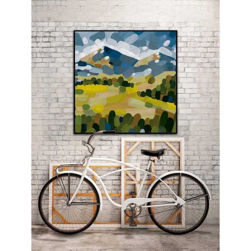 'Open Green Field' Floater Framed Painting Print on Canvas - Multi-color