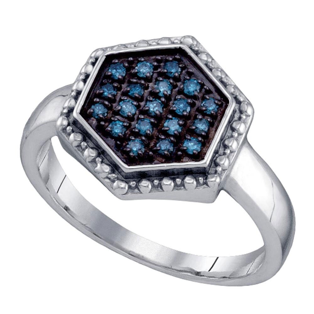 Sterling Silver Round Blue Diamond Hexagon Cluster Ring 0.18 Cttw
