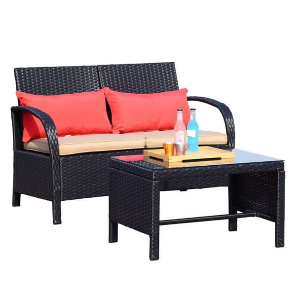 Shop Black Friday Deals On 2 Pc Rattan Loveseat Sofa Furniture Bistro Set Outdoor Wicker Patio Garden Loveseat Black Rattan With Khaki Cushions Overstock 22485037