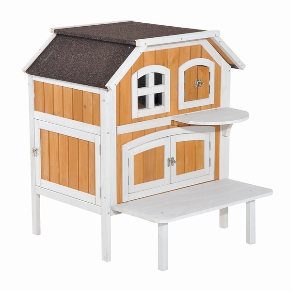 Pawhut 2 Level Wood Cottage Elevated Outdoor Cat Shelter House Pawhut 2 Level Wood Cottage Elevated Outdoor Cat Shelter House