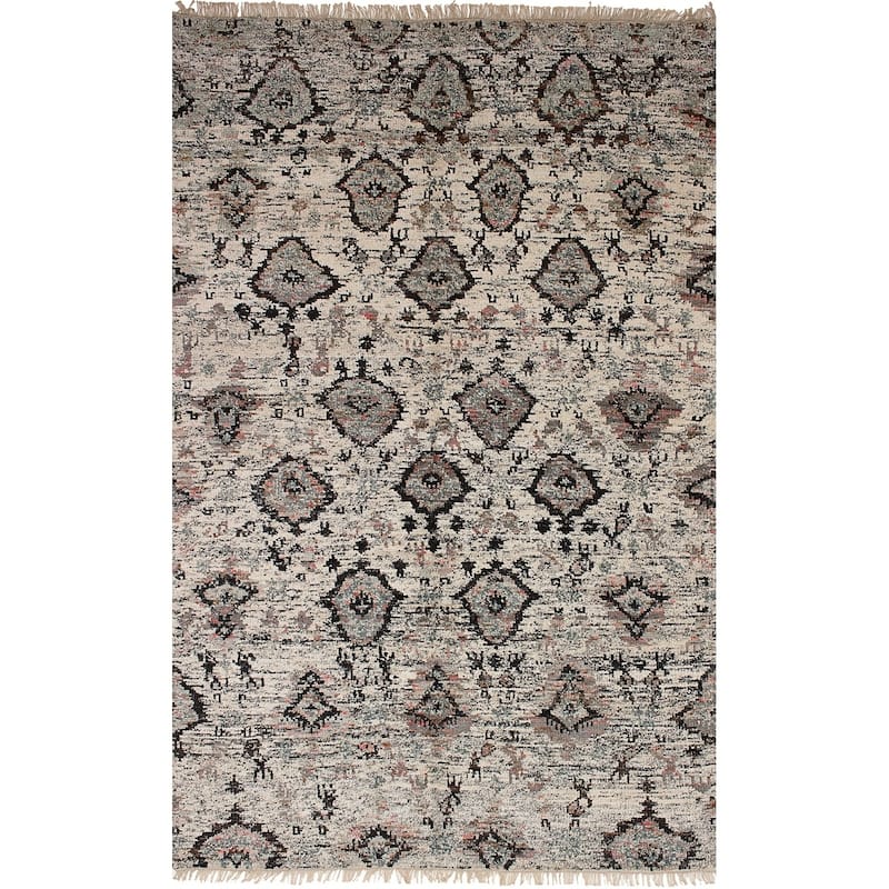 Hand-knotted Sari Silk Black, Cream Silk Rug - 4'6" x 6'6" - Cream