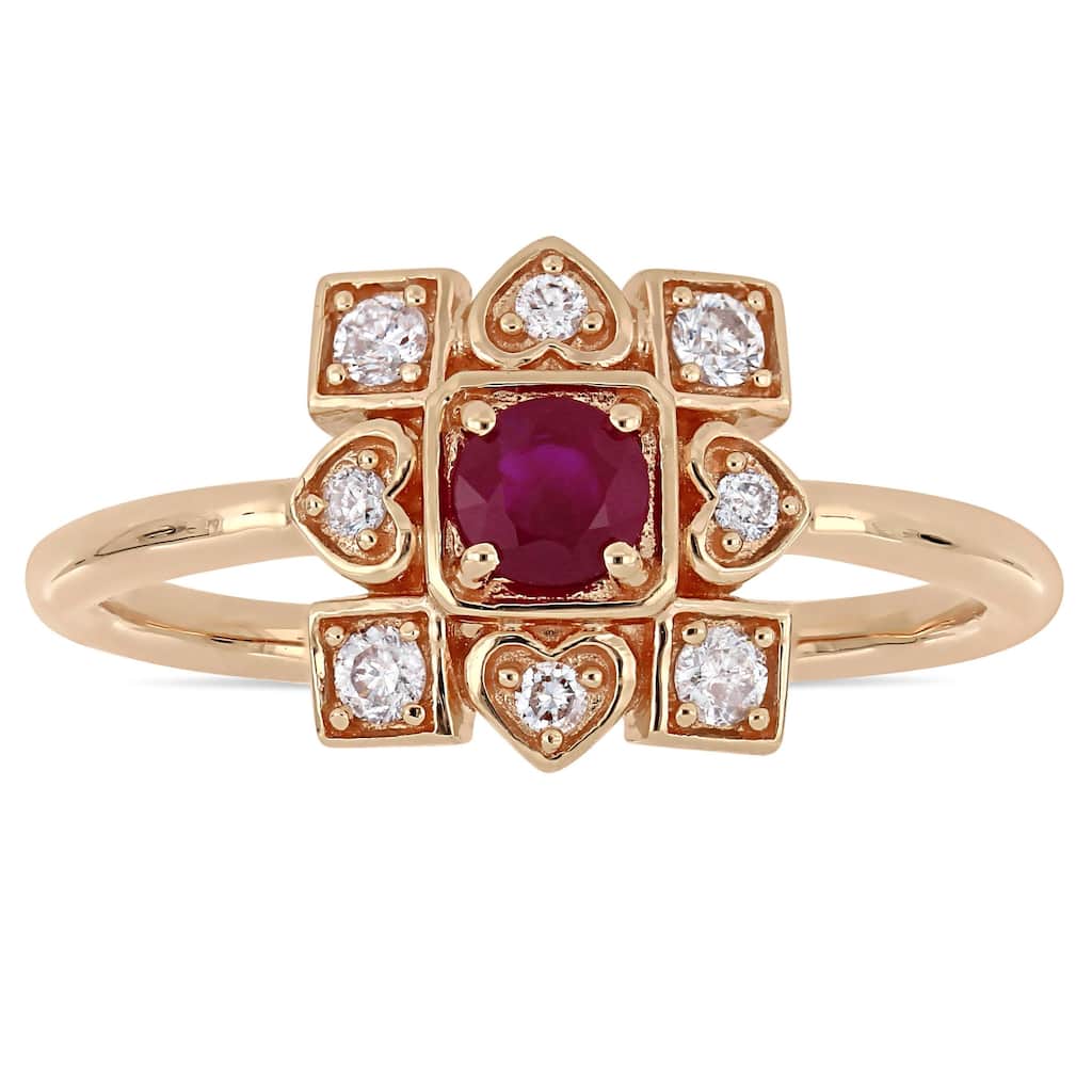 Miadora Signature Collection 10k Rose Gold Ruby and 1/5ct TDW Diamond Clustered Square Halo Artisanal Ring