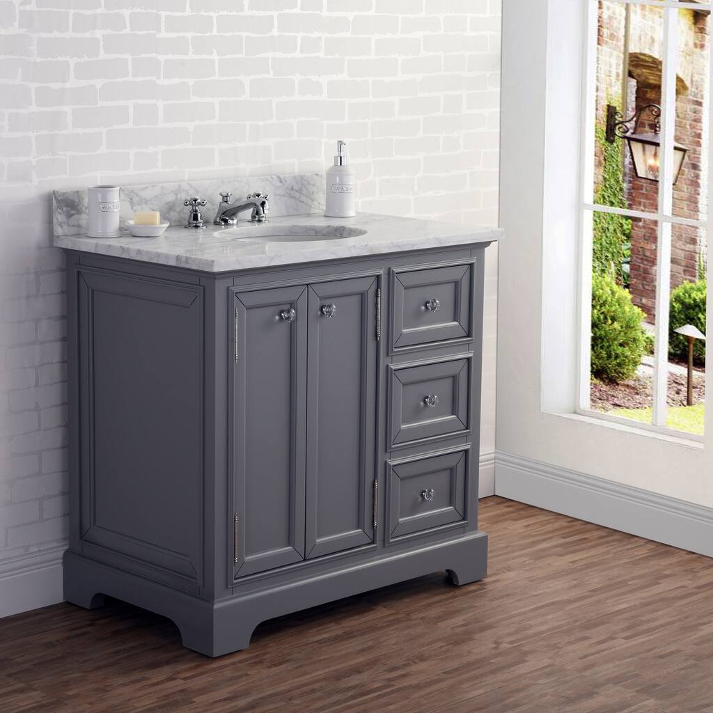 36 Inch Wide Cashmere Grey Single Sink Carrara Marble Bathroom Vanity From The Derby Collection