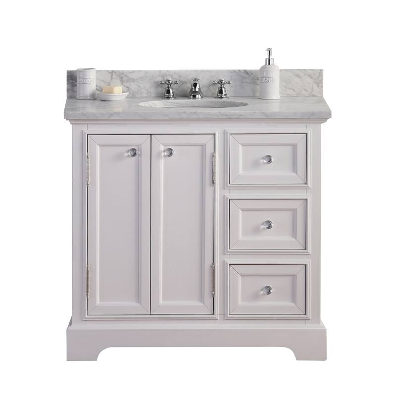 36 Inch Wide Pure White Single Sink Carrara Marble Bathroom Vanity From The Derby Collection - Vanity Only