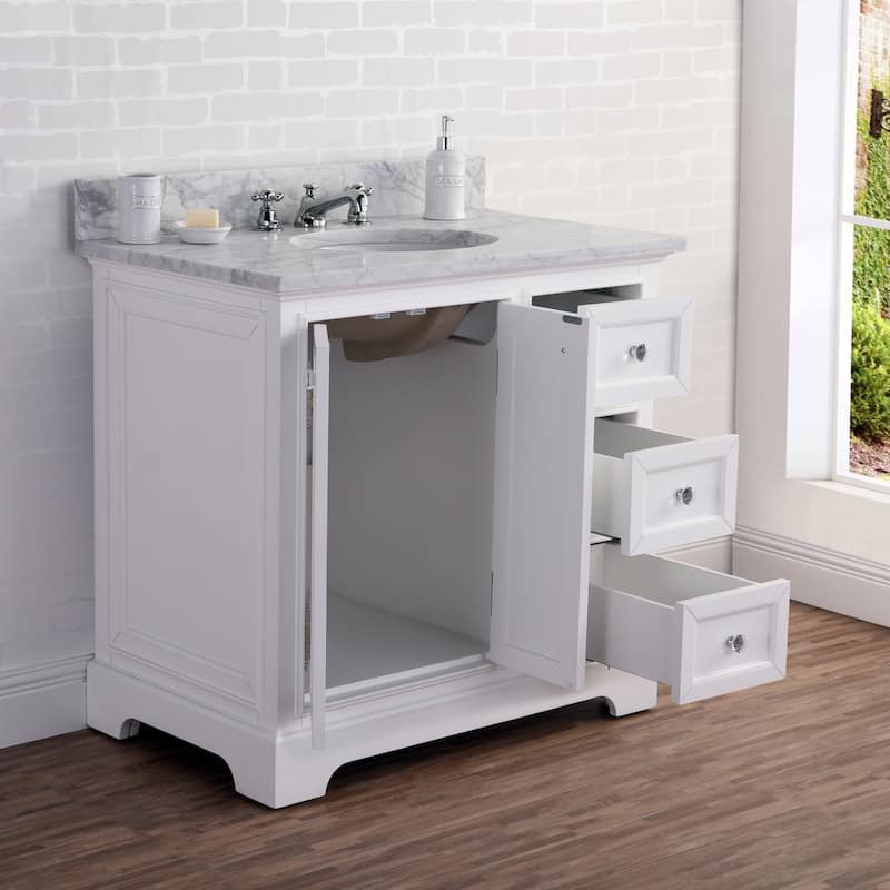 36 Inch Wide Pure White Single Sink Carrara Marble Bathroom Vanity From The Derby Collection
