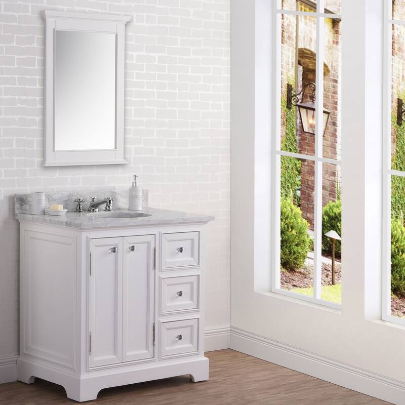 36 Inch Wide Pure White Single Sink Carrara Marble Bathroom Vanity From The Derby Collection