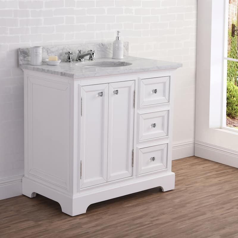 36 Inch Wide Pure White Single Sink Carrara Marble Bathroom Vanity From The Derby Collection