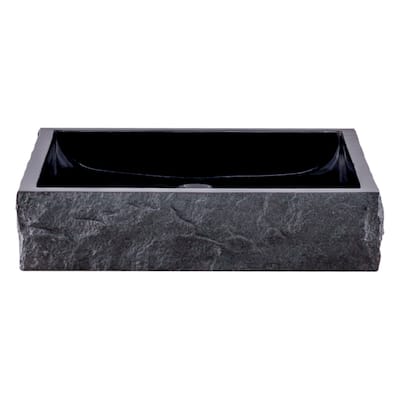 Novatto Square Black Granite Vessel Sink with Chiseled Exterior