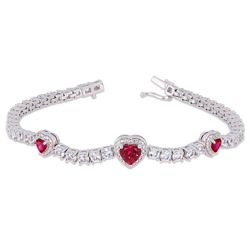 Miadora Sterling Silver Created Ruby and Created White Sapphire Triple Heart Tennis Bracelet
