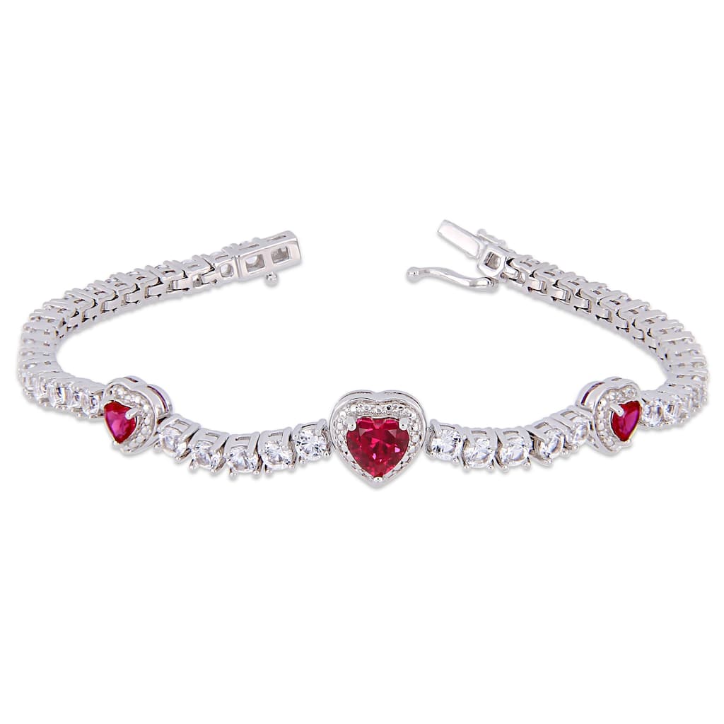 Miadora Sterling Silver Created Ruby and Created White Sapphire Triple Heart Tennis Bracelet